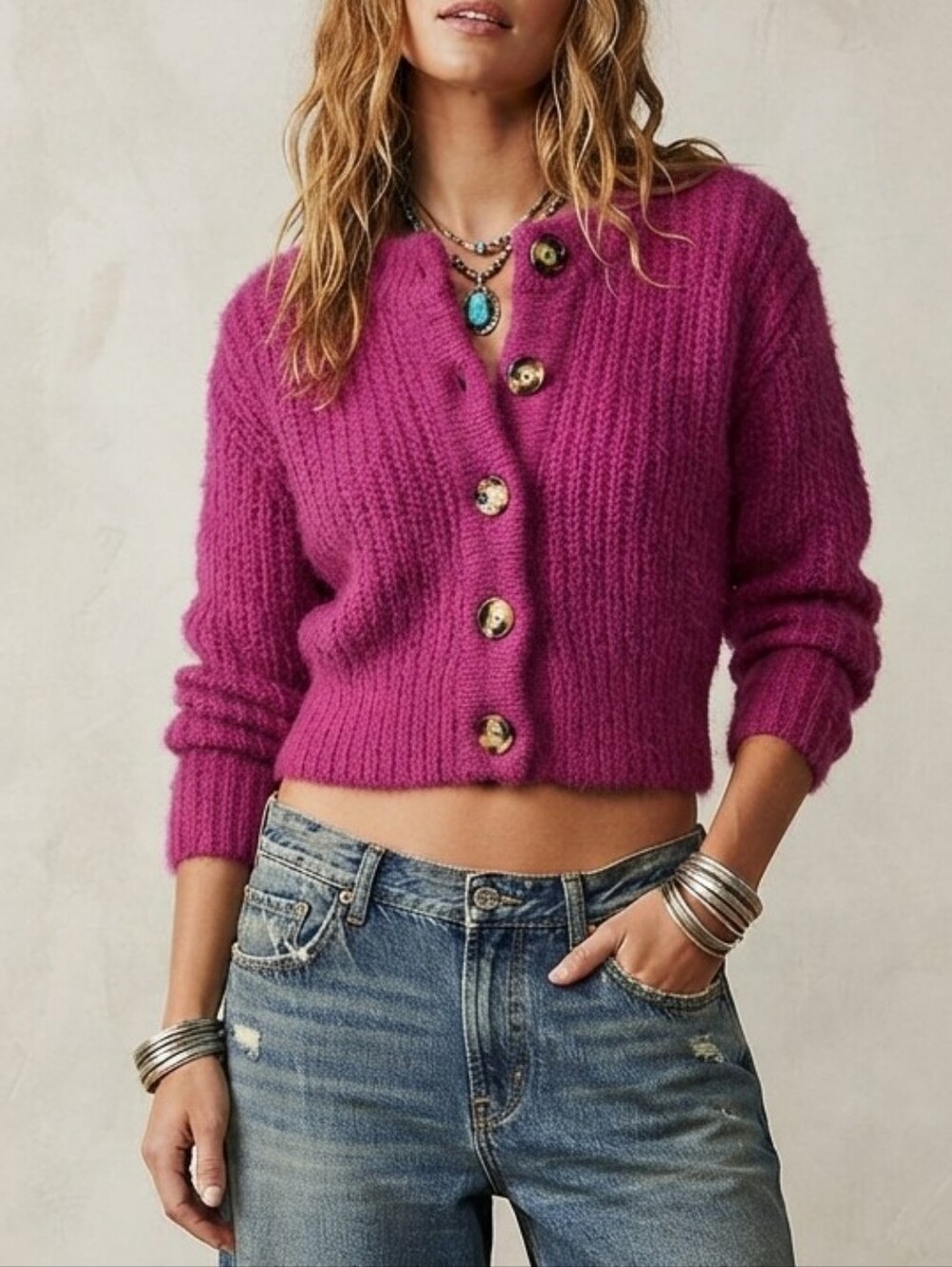 Fuschia Cardigan 100% Wool Alpaca Blend Size XS Chunky Knit Baggy Oversized